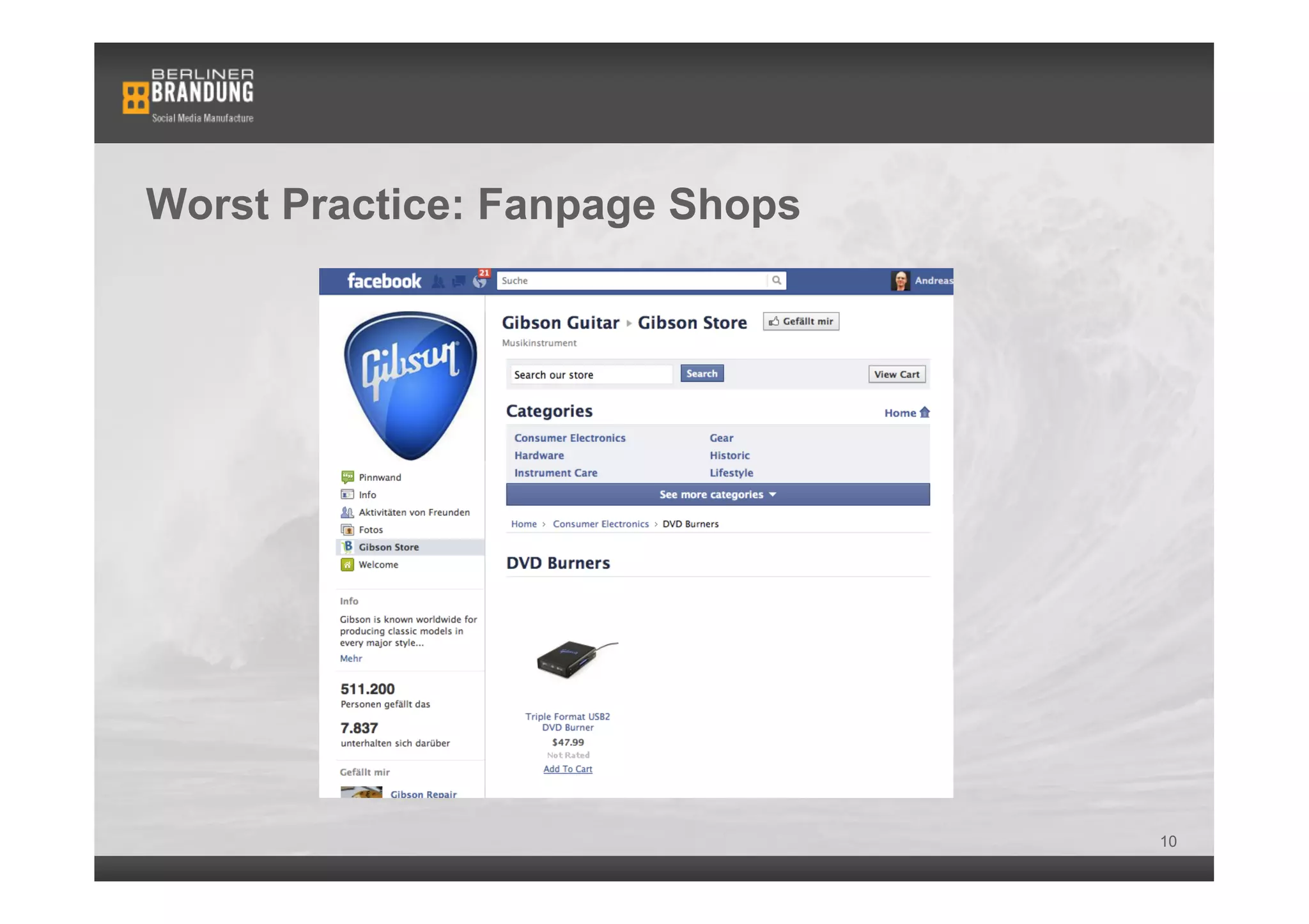 Worst Practice: Fanpage Shops




                                10
 