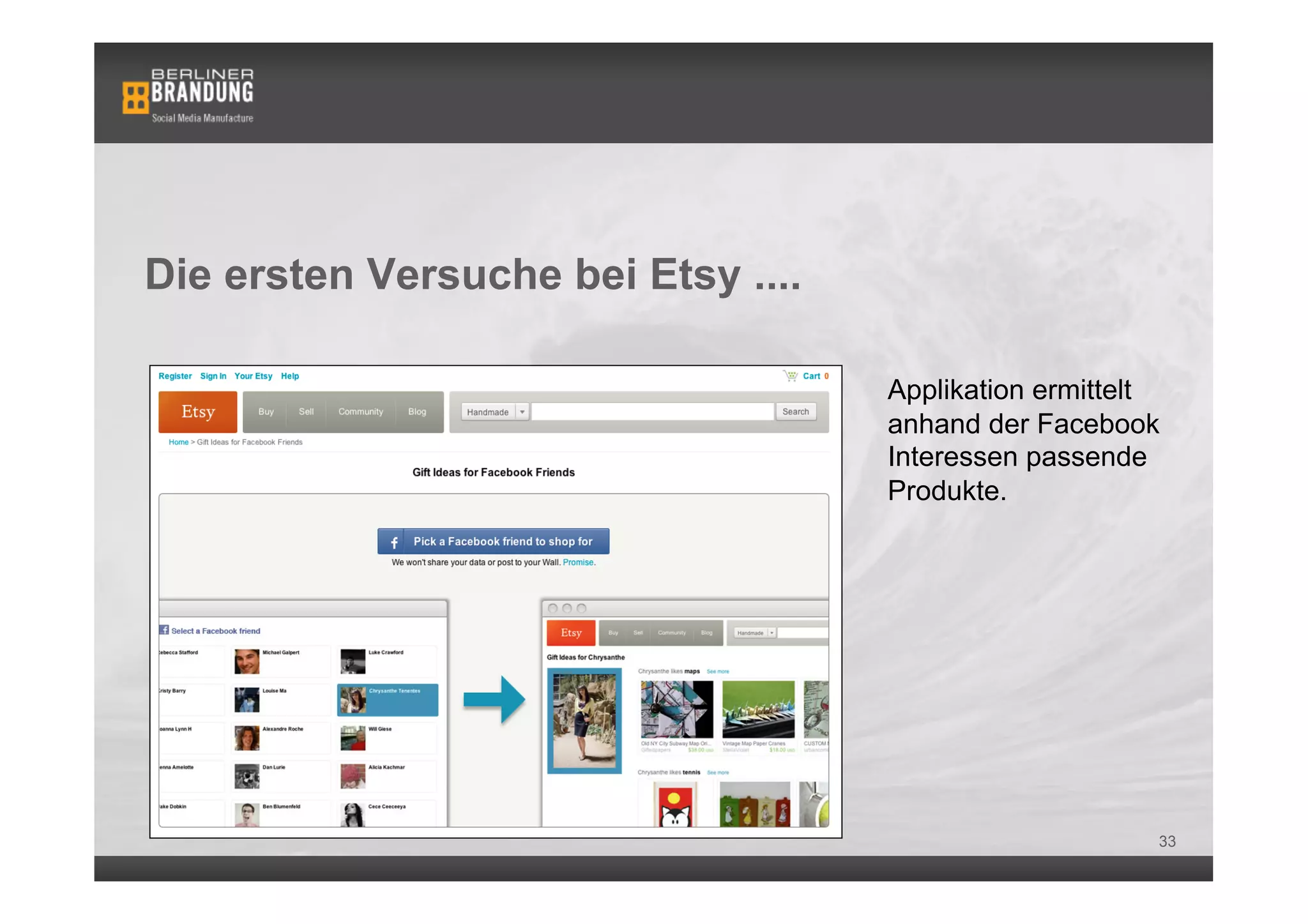 Die ersten Versuche bei Etsy ....

                                    Applikation ermittelt
                                    anhand der Facebook
                                    Interessen passende
                                    Produkte.




                                                        33
 