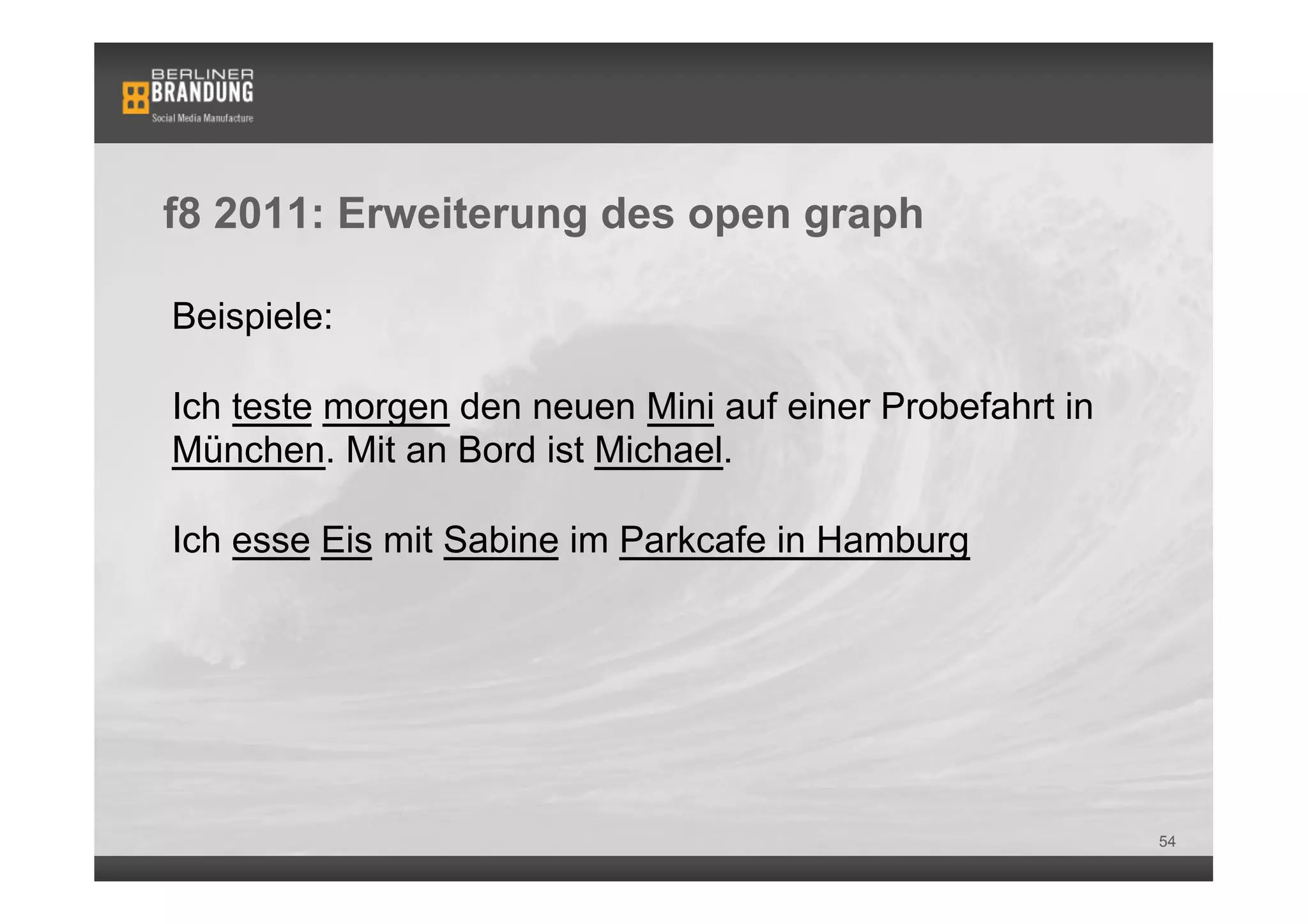 f8 2011: Erweiterung des open graph

Beispiele:

Ich teste morgen den neuen Mini auf einer Probefahrt in
München. Mit an Bord ist Michael.

Ich esse Eis mit Sabine im Parkcafe in Hamburg




                                                          54
 