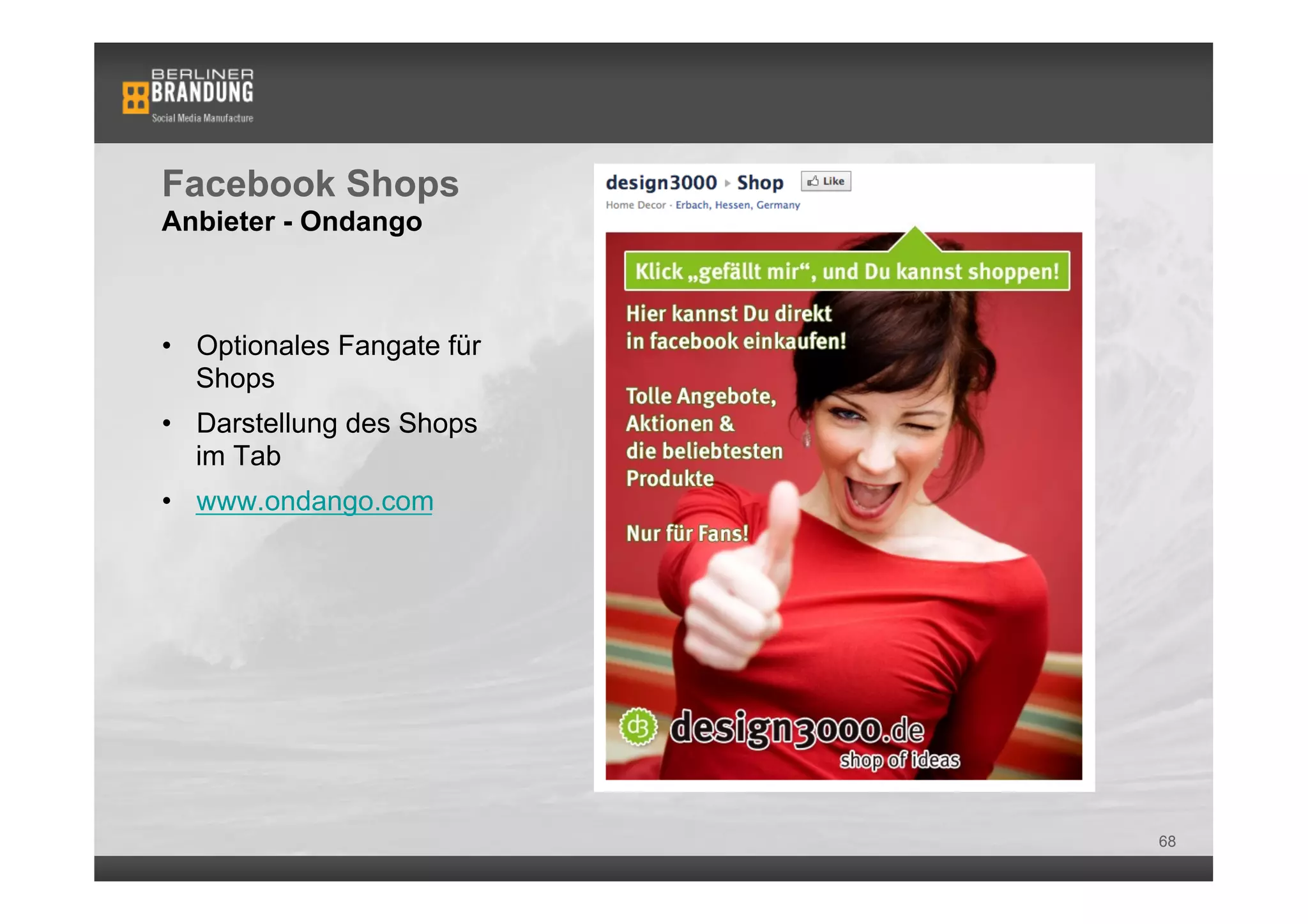 Facebook Shops
Anbieter - Ondango



•  Optionales Fangate für
   Shops
•  Darstellung des Shops
   im Tab
•  www.ondango.com




                            68
 