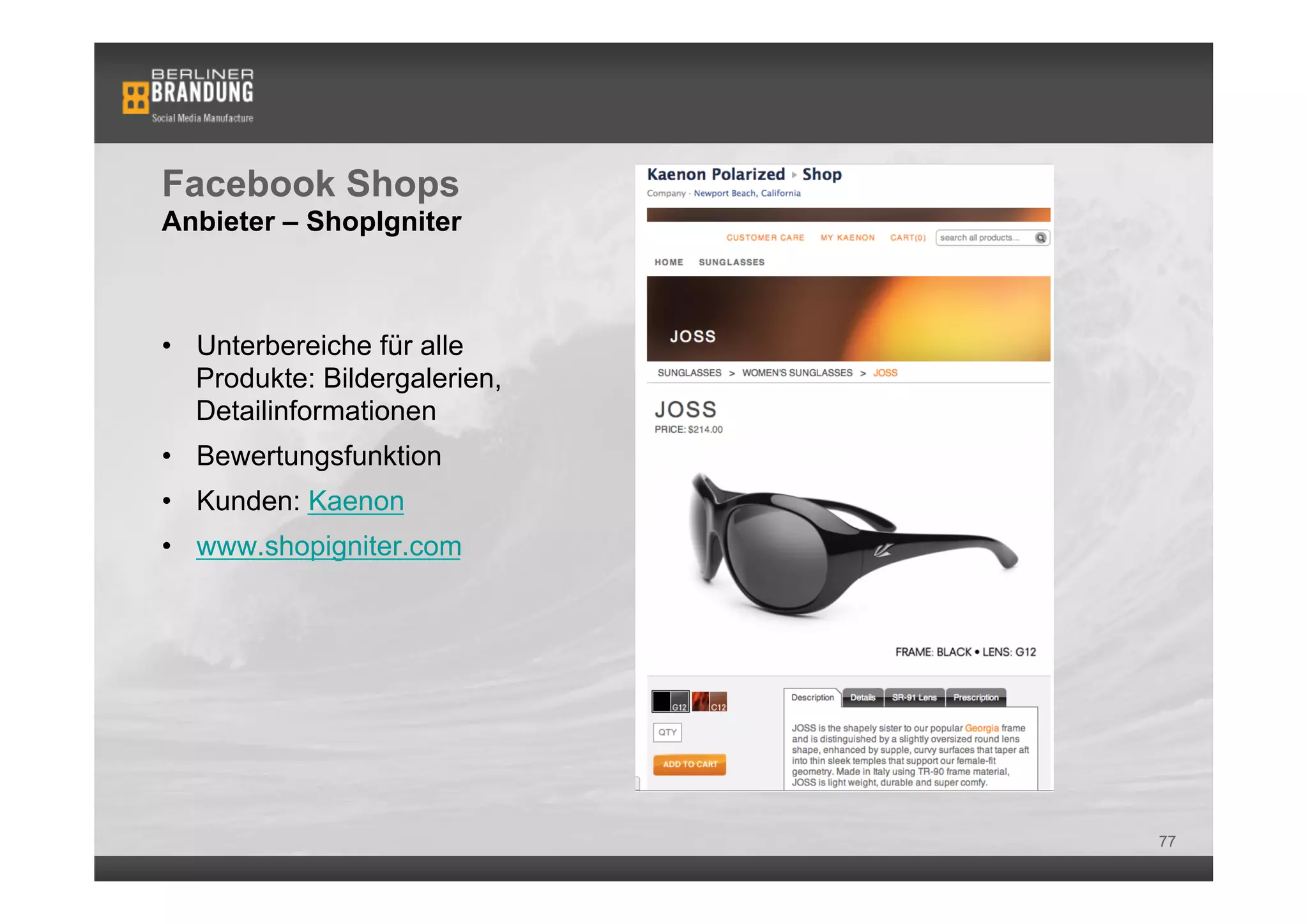 Facebook Shops
Anbieter – ShopIgniter



•  Unterbereiche für alle
   Produkte: Bildergalerien,
   Detailinformationen
•  Bewertungsfunktion
•  Kunden: Kaenon
•  www.shopigniter.com




                               77
 