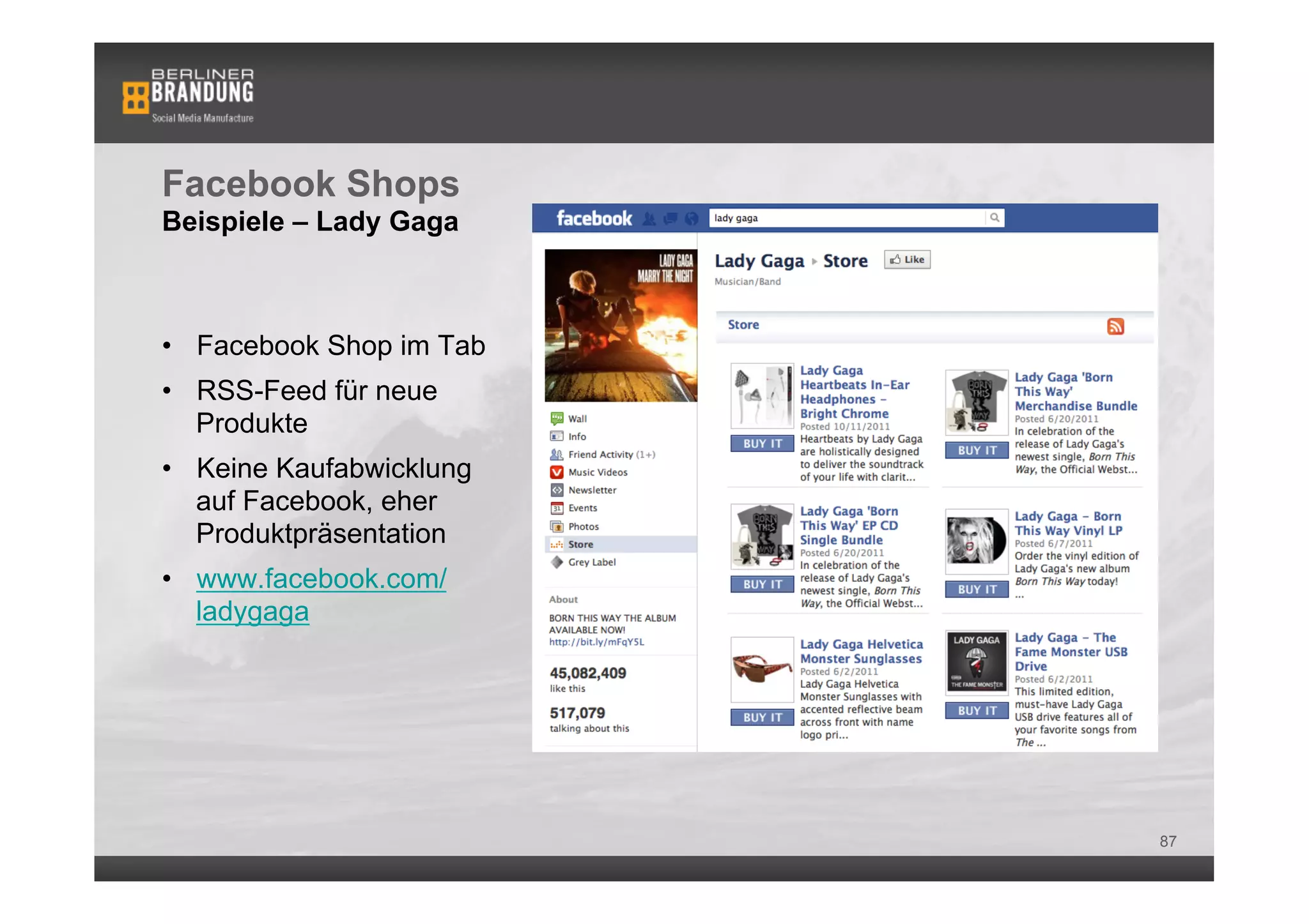 Facebook Shops
Beispiele – Lady Gaga



•  Facebook Shop im Tab
•  RSS-Feed für neue
   Produkte
•  Keine Kaufabwicklung
   auf Facebook, eher
   Produktpräsentation
•  www.facebook.com/
   ladygaga




                          87
 