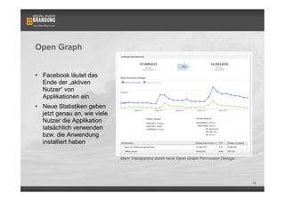 Open Graph


•  Facebook läutet das
   Ende der „aktiven
   Nutzer“ von
   Applikationen ein
•  Neue Statistiken geben
   jetzt genau an, wie viele
   Nutzer die Applikation
   tatsächlich verwenden
   bzw. die Anwendung
   installiert haben

                               Mehr Transparenz durch neue Open Graph Permission Dialoge




                                                                                           45
 