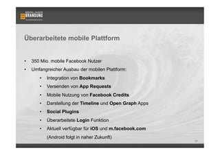 Überarbeitete mobile Plattform


•    350 Mio. mobile Facebook Nutzer
•    Umfangreicher Ausbau der mobilen Plattform:
        •    Integration von Bookmarks
        •    Versenden von App Requests
        •    Mobile Nutzung von Facebook Credits
        •    Darstellung der Timeline und Open Graph Apps
        •    Social Plugins
        •    Überarbeitete Login Funktion
        •    Aktuell verfügbar für iOS und m.facebook.com
             (Android folgt in naher Zukunft)
                                                            57
 
