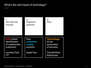 What’s the real impact of technology?
Customer Experience | 26 November 2015 | © FutureBrand 11
1.
Net interest
margin
2.
Payment
systems
3.
Fees
Data-fueled
identification
of creditworthy
customers
Lending Club
P2P
New
customer-
centric
entrants
Apple Pay
Technology-
driven
automation
of services
TransferWise
Robinhood
 