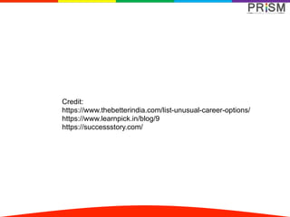 Credit:
https://www.thebetterindia.com/list-unusual-career-options/
https://www.learnpick.in/blog/9
https://successstory.com/
 