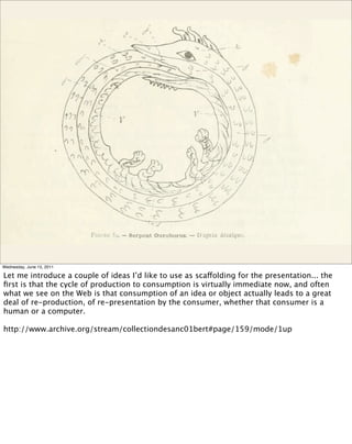Wednesday, June 15, 2011

Let me introduce a couple of ideas I’d like to use as scaffolding for the presentation... the
ﬁrst is that the cycle of production to consumption is virtually immediate now, and often
what we see on the Web is that consumption of an idea or object actually leads to a great
deal of re-production, of re-presentation by the consumer, whether that consumer is a
human or a computer.

http://www.archive.org/stream/collectiondesanc01bert#page/159/mode/1up
 