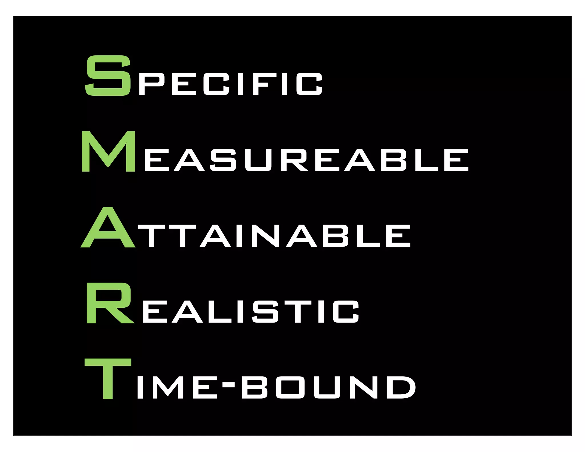 S
M
A
T
R
pecific
easureable
ttainable
ealistic
ime-bound
 