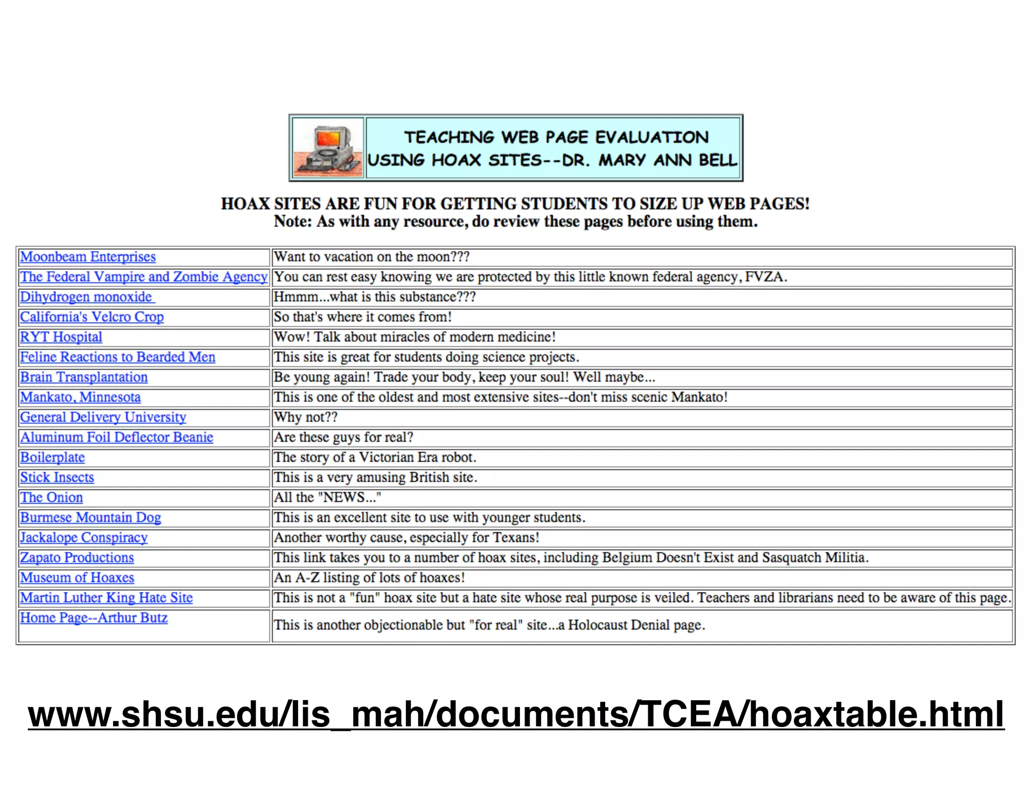 www.shsu.edu/lis_mah/documents/TCEA/hoaxtable.html
 