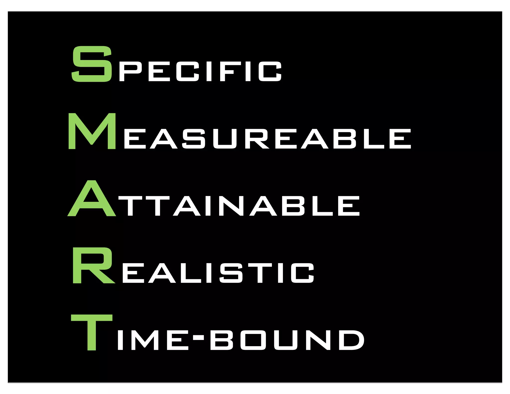 S
M
A
T
R
pecific
easureable
ttainable
ealistic
ime-bound
 