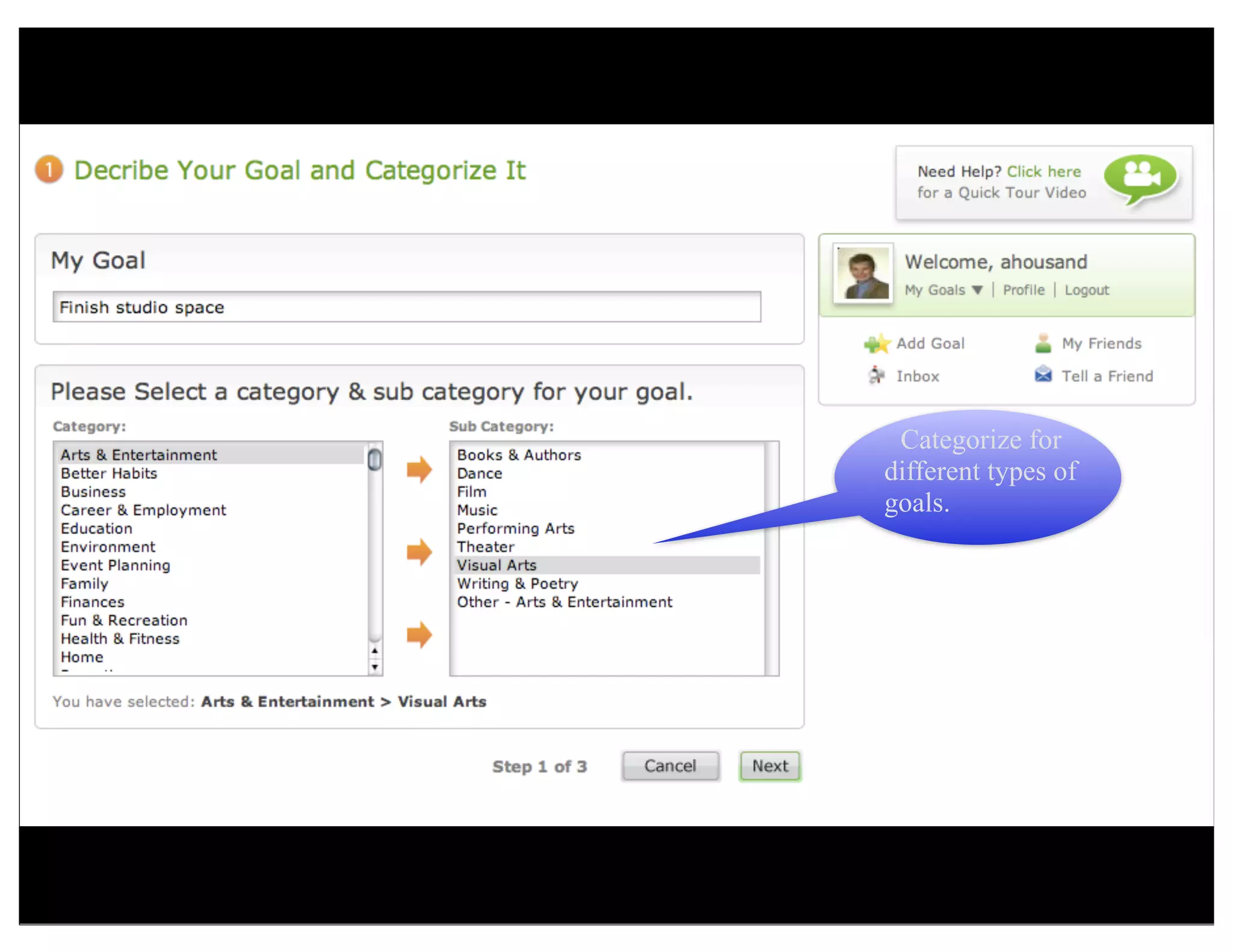 Categorize for
different types of
goals.
 