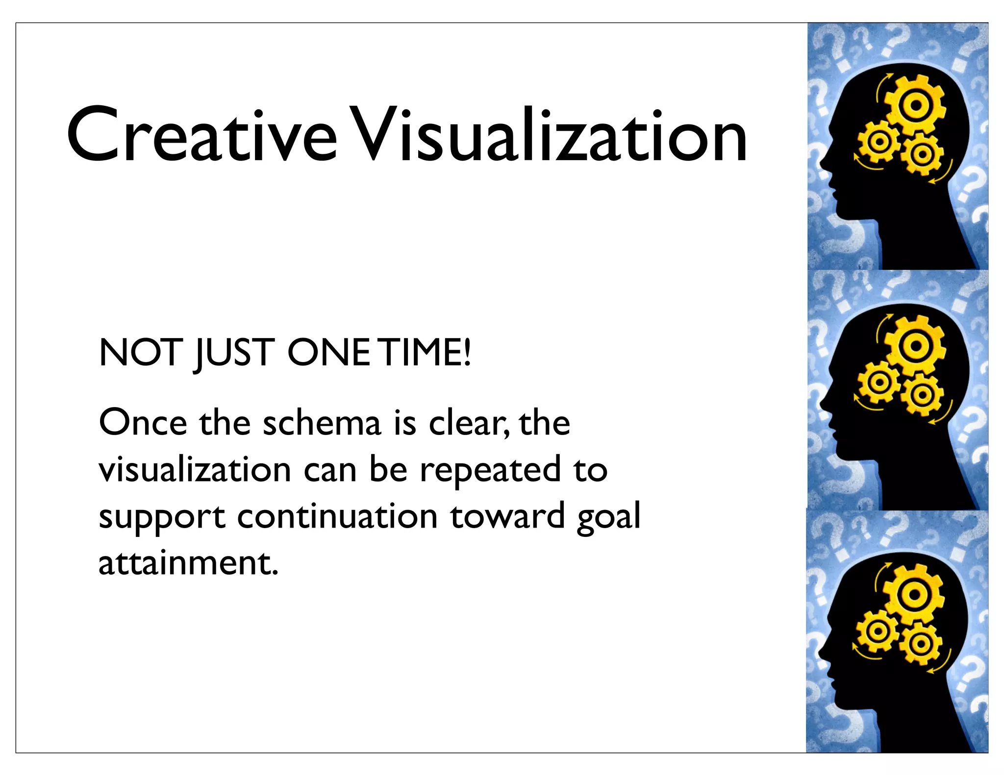 CreativeVisualization
NOT JUST ONE TIME!
Once the schema is clear, the
visualization can be repeated to
support continuation toward goal
attainment.
 