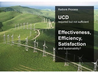 Rethink Process
UCD
required but not sufficient
Effectiveness,
Efficiency,
Satisfaction
and Sustainability?
 