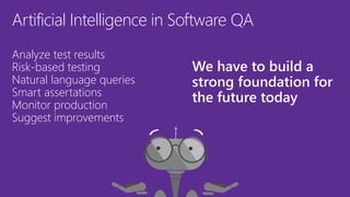 Artificial Intelligence in Software QA
Analyze test results
Risk-based testing
Natural language queries
Smart assertations...