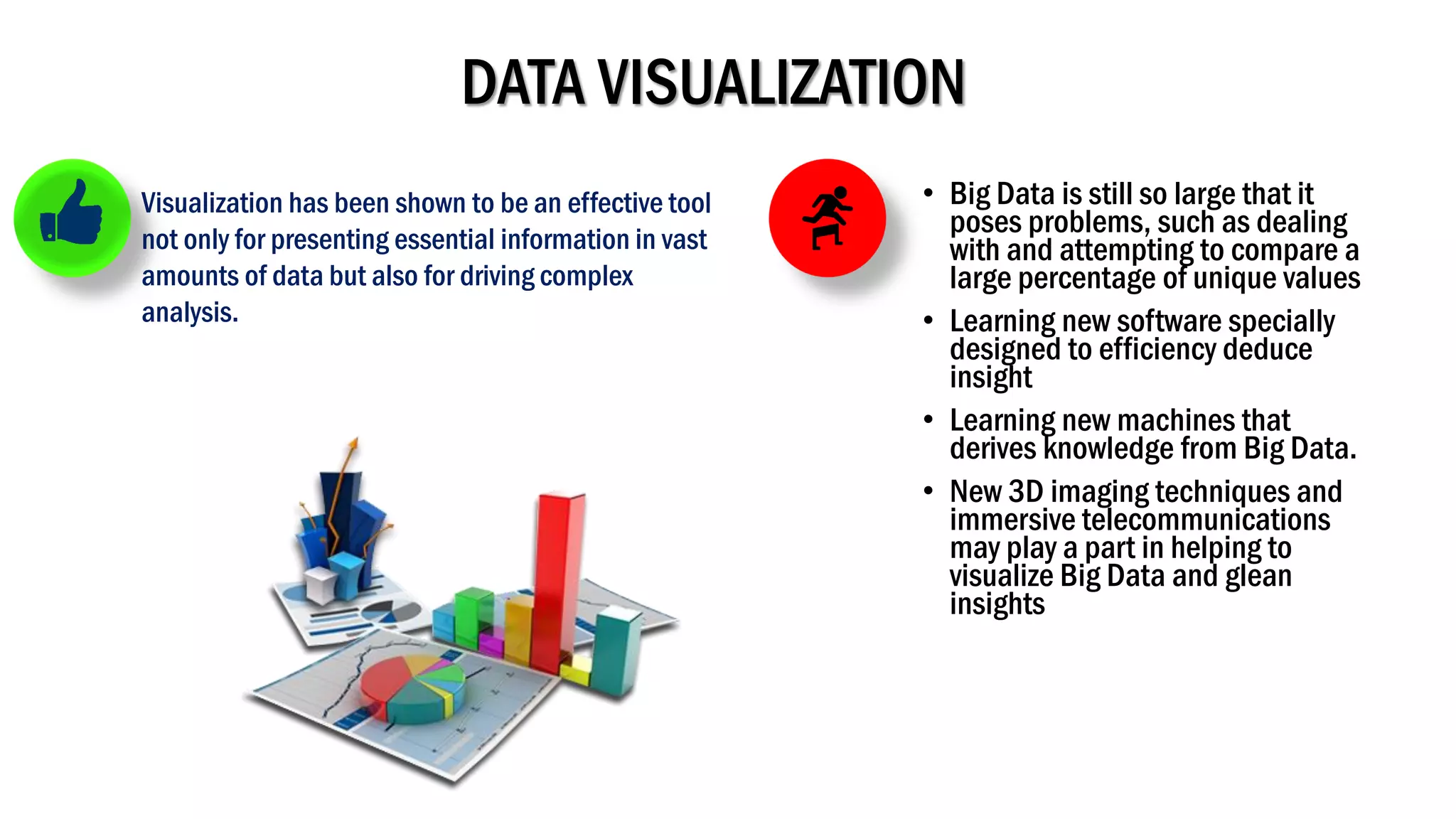 DATA VISUALIZATION
• Big Data is still so large that it
poses problems, such as dealing
with and attempting to compare a
large percentage of unique values
• Learning new software specially
designed to efficiency deduce
insight
• Learning new machines that
derives knowledge from Big Data.
• New 3D imaging techniques and
immersive telecommunications
may play a part in helping to
visualize Big Data and glean
insights
Visualization has been shown to be an effective tool
not only for presenting essential information in vast
amounts of data but also for driving complex
analysis.
 