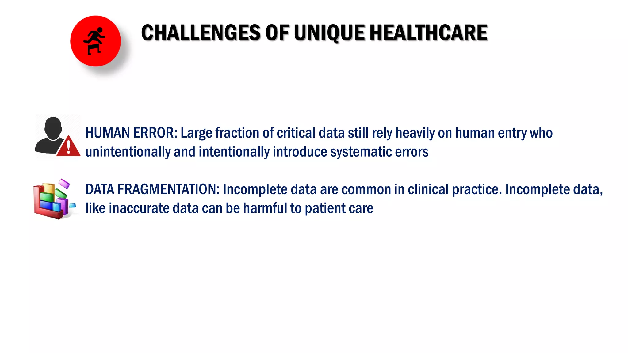 CHALLENGES OF UNIQUE HEALTHCARE
HUMAN ERROR: Large fraction of critical data still rely heavily on human entry who
unintentionally and intentionally introduce systematic errors
DATA FRAGMENTATION: Incomplete data are common in clinical practice. Incomplete data,
like inaccurate data can be harmful to patient care
 