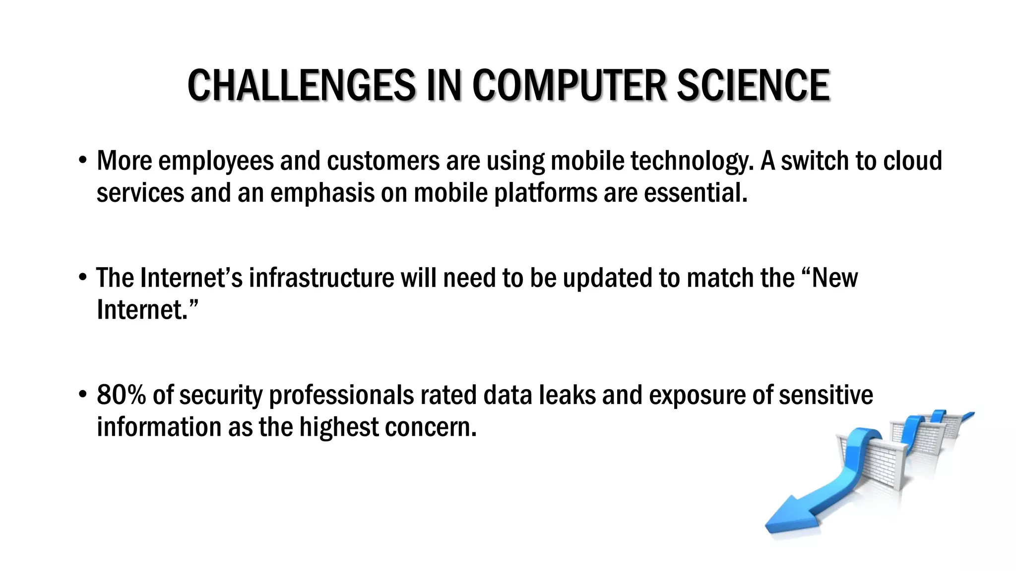 CHALLENGES IN COMPUTER SCIENCE
• More employees and customers are using mobile technology. A switch to cloud
services and an emphasis on mobile platforms are essential.
• The Internet’s infrastructure will need to be updated to match the “New
Internet.”
• 80% of security professionals rated data leaks and exposure of sensitive
information as the highest concern.
 