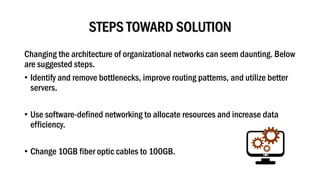STEPS TOWARD SOLUTION
Changing the architecture of organizational networks can seem daunting. Below
are suggested steps.
• Identify and remove bottlenecks, improve routing patterns, and utilize better
servers.
• Use software-defined networking to allocate resources and increase data
efficiency.
• Change 10GB fiber optic cables to 100GB.
 