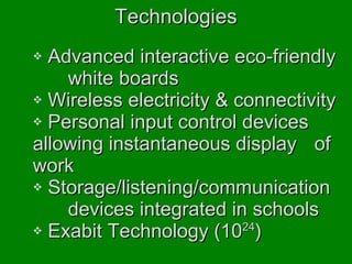 Technologies Advanced interactive eco-friendly  white boards Wireless electricity & connectivity Personal input control devices  allowing instantaneous display  of work Storage/listening/communication  devices integrated in schools Exabit Technology (10 24 ) 