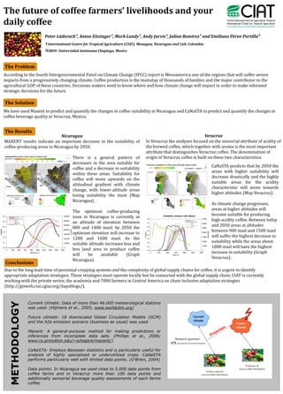The future of coffee farmers’ livelihoods and your
daily coffee
                        Peter Läderach¹, Anton Eitzinger¹, Mark Lundy¹, Andy Jarvis¹, Julian Ramirez¹ and Emiliano Pérez-Portilla²

                        ¹ International Centre for Tropical Agriculture (CIAT), Managua, Nicaragua and Cali, Colombia
                        ²CRUO- Universidad Autónoma Chapingo, Mexico

The Problem
According to the fourth Intergovernmental Panel on Climate Change (IPCC) report is Mesoamerica one of the regions that will suffer severe
impacts from a progressively changing climate. Coffee production is the mainstay of thousands of families and the major contributor to the
agricultural GDP of these countries. Decisions makers need to know where and how climate change will impact in order to make informed
strategic decisions for the future.

The Solution
We have used Maxent to predict and quantify the changes in coffee suitability in Nicaragua and CaNaSTA to predict and quantify the changes in
coffee beverage quality in Veracruz, Mexico.


The Results
                              Nicaragua                                                                             Veracruz
MAXENT results indicate an important decrease in the suitability of                In Veracruz the analyses focused on the sensorial attribute of acidity of
coffee-producing areas in Nicaragua by 2050.                                       the brewed coffee, which together with aroma is the most important
                                                                                   attribute that distinguishes Veracruz coffee. The denomination of
                                        There is a general pattern of              origin of Veracruz coffee is built on these two characteristics.
                                        decreases in the area suitable for
                                                                                                                        CaNaSTA predicts that by 2050 the
                                        coffee and a decrease in suitability
                                                                                                                        areas with higher suitability will
                                        within these areas. Suitability for
                                                                                                                        decrease drastically and the highly
                                        coffee will move upwards on the
                                                                                                                        suitable areas for the acidity
                                        altitudinal gradient with climate
                                                                                                                        characteristic will move towards
                                        change, with lower-altitude areas
                                                                                                                        higher altitudes (Map Veracruz).
                                        losing suitability the most (Map
                                        Nicaragua).
                                                                                                                        As climate change progresses,
                                                                                                                        areas at higher altitudes will
                                        The optimum coffee-producing
                                                                                                                        become suitable for producing
                                        zone in Nicaragua is currently at
                                                                                                                        high-acidity coffee. Between today
                                        an altitude of elevation between
                                                                                                                        and 2050 areas at altitudes
                                        800 and 1400 masl; by 2050 the
                                                                                                                        between 900 masl and 1500 masl
                                        optimum elevation will increase to
                                                                                                                        will suffer the highest decrease in
                                        1200 and 1600 masl. As the
                                                                                                                        suitability while the areas above
                                        suitable altitude increases less and
                                                                                                                        1800 masl will have the highest
                                        less land area to produce coffee
                                                                                                                        increase in suitability (Graph
                                        will    be      available    (Graph
                                                                                                                        Veracruz).
                                        Nicaragua).
 Conclusions
Due to the long lead-time of perennial cropping systems and the complexity of global supply chains for coffee, it is urgent to identify
appropriate adaptation strategies. These strategies must operate locally but be connected with the global supply chain. CIAT is currently
working with the private sector, the academia and 7000 farmers in Central America on chain inclusive adaptation strategies
(http://gisweb.ciat.cgiar.org/dapablogs/).


                Current climate: Data of more than 46.000 meteorological stations
  METHODOLOGY




                was used. (Hijmans et al., 2005; www.worldclim.org)

                Future climate: 18 downscaled Global Circulation Models (GCM)
                and the A2a emission scenario (business as usual) was used.

                Maxent: A general-purpose method for making predictions or
                inferences from incomplete data sets. (Phillips et al., 2006;
                www.cs.princeton.edu/~schapire/maxent/)

                CaNaSTA: Employs Bayesian statistics and is particularly useful for
                analysis of highly specialized or underutilized crops. CaNaSTA
                performs particularly well with limited data points. (O’Brien, 2004)

                Data points: In Nicaragua we used close to 5.000 data points from
                coffee farms and in Veracruz more than 100 data points and
                additionally sensorial beverage quality assessments of each farms
                coffee.
 