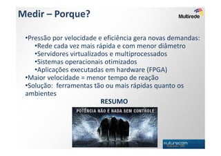 Medir – Porque?

 •Pressão por velocidade e eficiência gera novas demandas:
    •Rede cada vez mais rápida e com menor diâmetro
    •Servidores virtualizados e multiprocessados
    •Sistemas operacionais otimizados
    •Aplicações executadas em hardware (FPGA)
 •Maior velocidade = menor tempo de reação
 •Solução: ferramentas tão ou mais rápidas quanto os
 ambientes
                           RESUMO
 