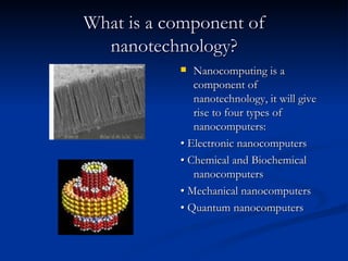 What is a component of nanotechnology? Nanocomputing is a component of nanotechnology, it will give rise to four types of nanocomputers: •  Electronic nanocomputers •  Chemical and Biochemical nanocomputers •  Mechanical nanocomputers •  Quantum nanocomputers  