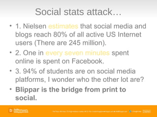 Social stats attack…
• 1. Nielsen estimates that social media and
  blogs reach 80% of all active US Internet
  users (There are 245 million).
• 2. One in every seven minutes spent
  online is spent on Facebook.
• 3. 94% of students are on social media
  platforms, I wonder who the other lot are?
• Blippar is the bridge from print to
  social.
 