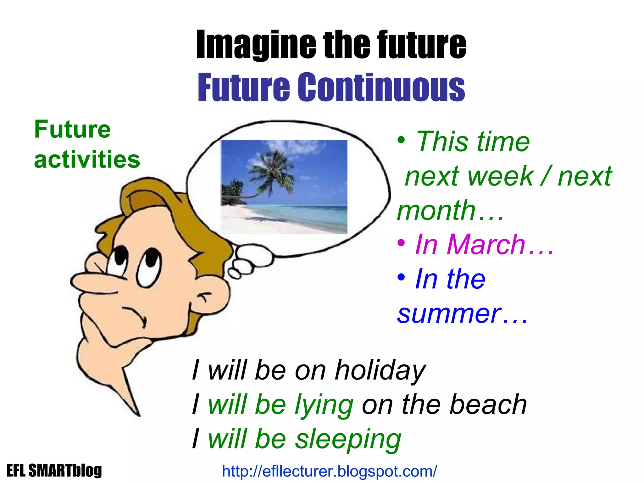 I will be on holiday I  will be lying  on the beach I  will be sleeping Imagine the future Future Continuous Future  activities http://efllecturer.blogspot.com/   This time  next week / next month… In March… In the summer… EFL SMARTblog 