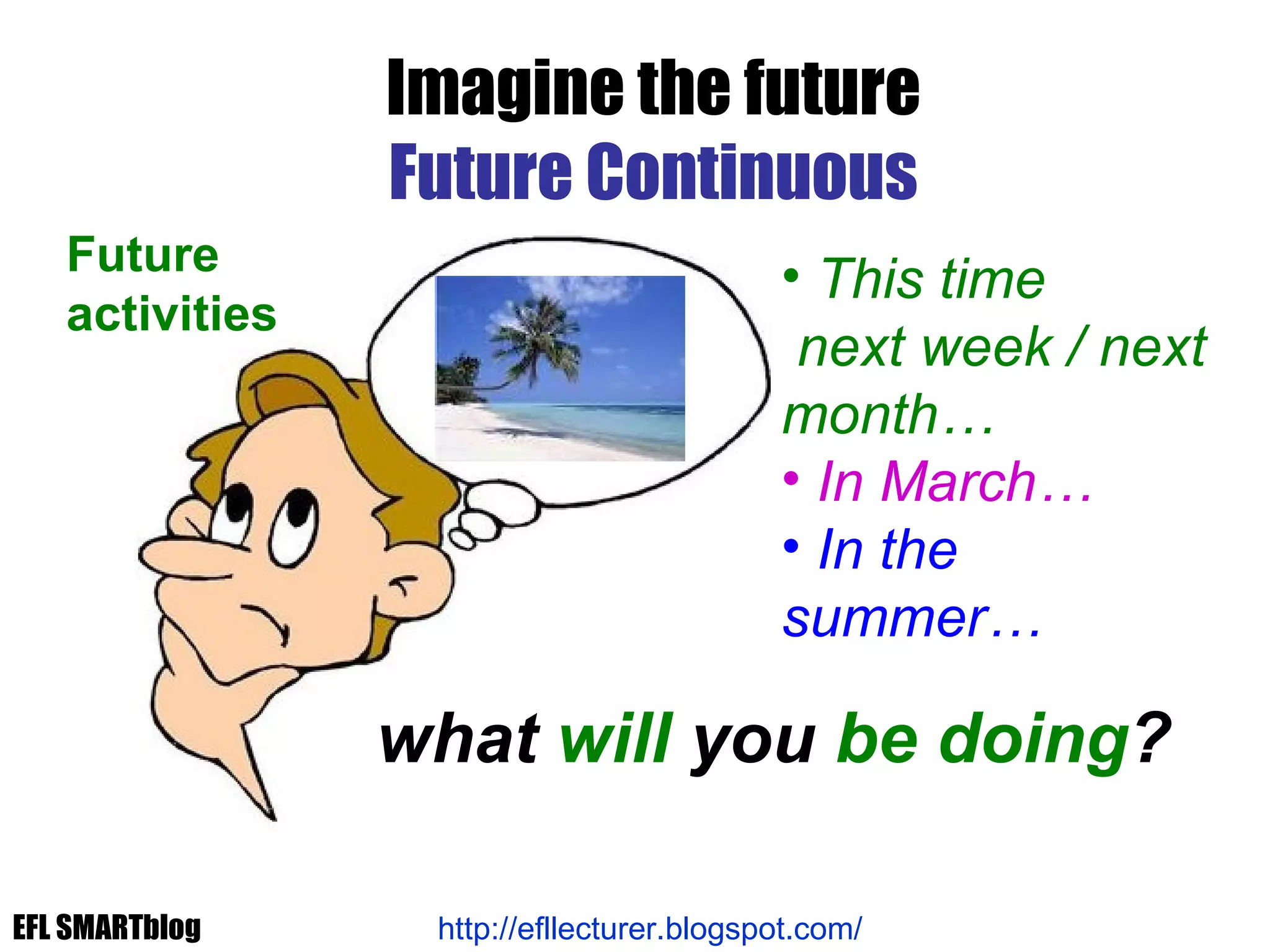 what  will  you  be doing ? Imagine the future Future Continuous Future  activities http://efllecturer.blogspot.com/   This time  next week / next month… In March… In the summer… EFL SMARTblog 