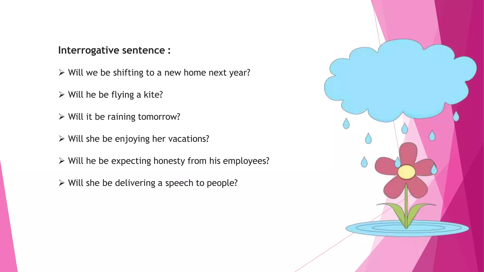 Interrogative sentence :
 Will we be shifting to a new home next year?
 Will he be flying a kite?
 Will it be raining tomorrow?
 Will she be enjoying her vacations?
 Will he be expecting honesty from his employees?
 Will she be delivering a speech to people?
 