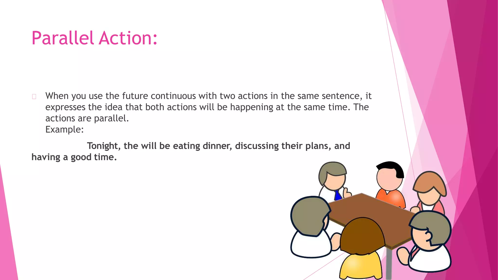 Parallel Action:
When you use the future continuous with two actions in the same sentence, it
expresses the idea that both actions will be happening at the same time. The
actions are parallel.
Example:
Tonight, the will be eating dinner, discussing their plans, and
having a good time.
 