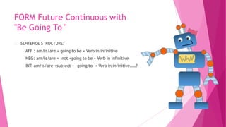 FORM Future Continuous with
"Be Going To "
SENTENCE STRUCTURE:
AFF : am/is/are + going to be + Verb in infinitive
NEG: am/is/are + not +going to be + Verb in infinitive
INT: am/is/are +subject + going to + Verb in infinitive……?
 