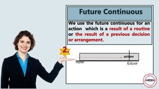 Now future
action
We use the future continuous for an
action which is a result of a routine
or the result of a previous decision
or arrangement.
Future Continuous
2.
 