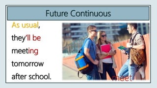 Future Continuous
As usual,
they’ll be
meeting
tomorrow
after school. meet
 