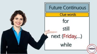 Clue words
for
still
while
next (Friday,…)
Future Continuous
 