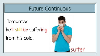 Future Continuous
Tomorrow
he'll still be suffering
from his cold.
suffer
 