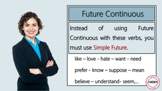 Instead of using Future
Continuous with these verbs, you
must use Simple Future.
Future Continuous
like – love - hate – want - need
prefer - know – suppose – mean
believe – understand- seem,…
 