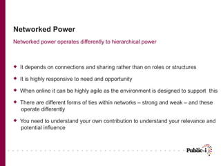 Networked Power
Networked power operates differently to hierarchical power



   It depends on connections and sharing ra...