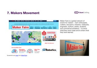 7. Makers Movement
Maker Faire is a global network of
events for makers -- tech enthusiasts,
crafters, educators, tinkerer...