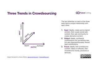 Three Trends in Crowdsourcing
The two polarities on each of the three
axes have a unique relationship with
each other:

1....