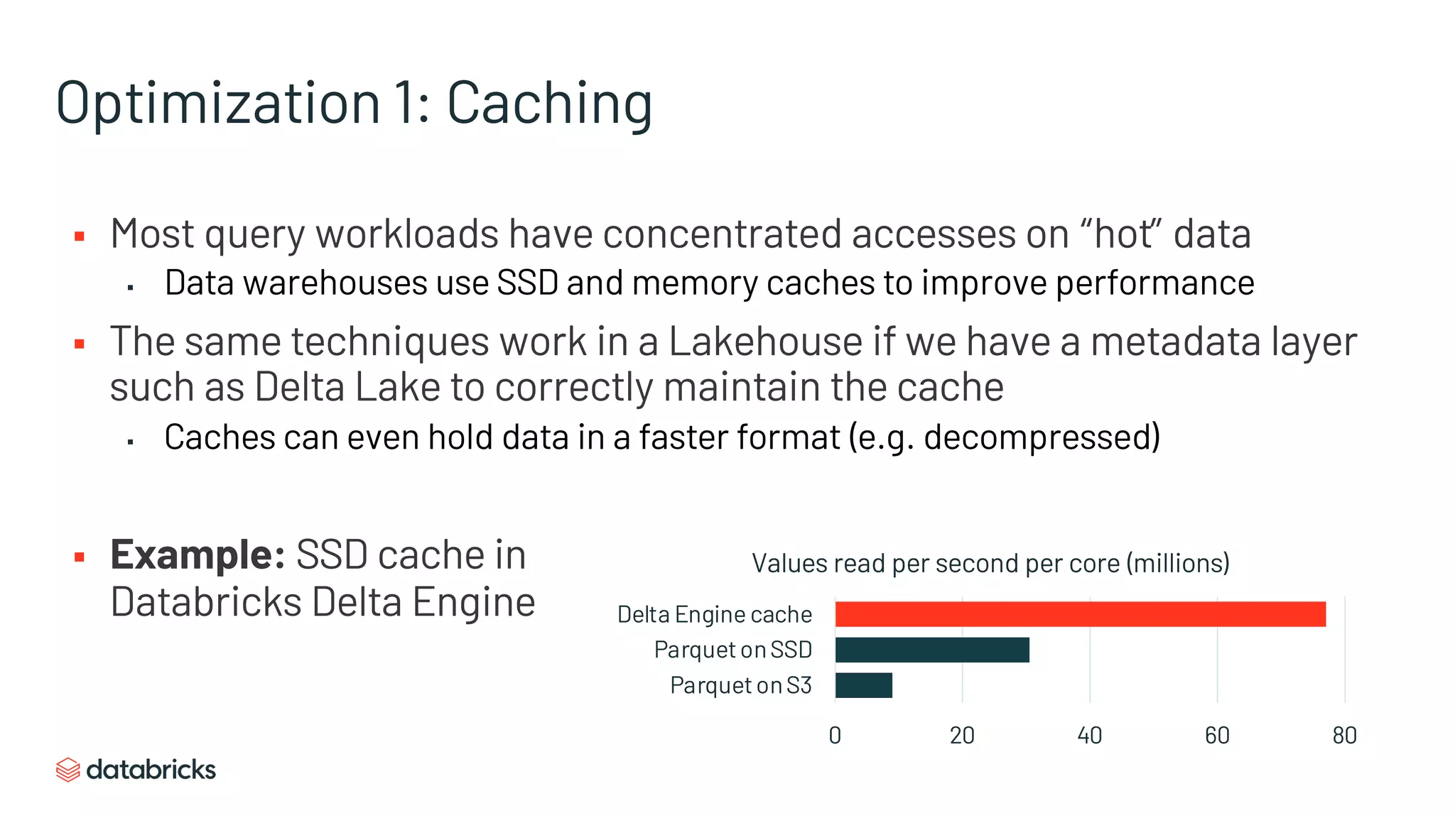 Optimization 1: Caching
§ Most query workloads have concentrated accesses on “hot” data
▪ Data warehouses use SSD and memory caches to improve performance
§ The same techniques work in a Lakehouse if we have a metadata layer
such as Delta Lake to correctly maintain the cache
▪ Caches can even hold data in a faster format (e.g. decompressed)
§ Example: SSD cache in
Databricks Delta Engine
0 20 40 60 80
Parquet onS3
Parquet onSSD
Delta Engine cache
Values read per second per core (millions)
 