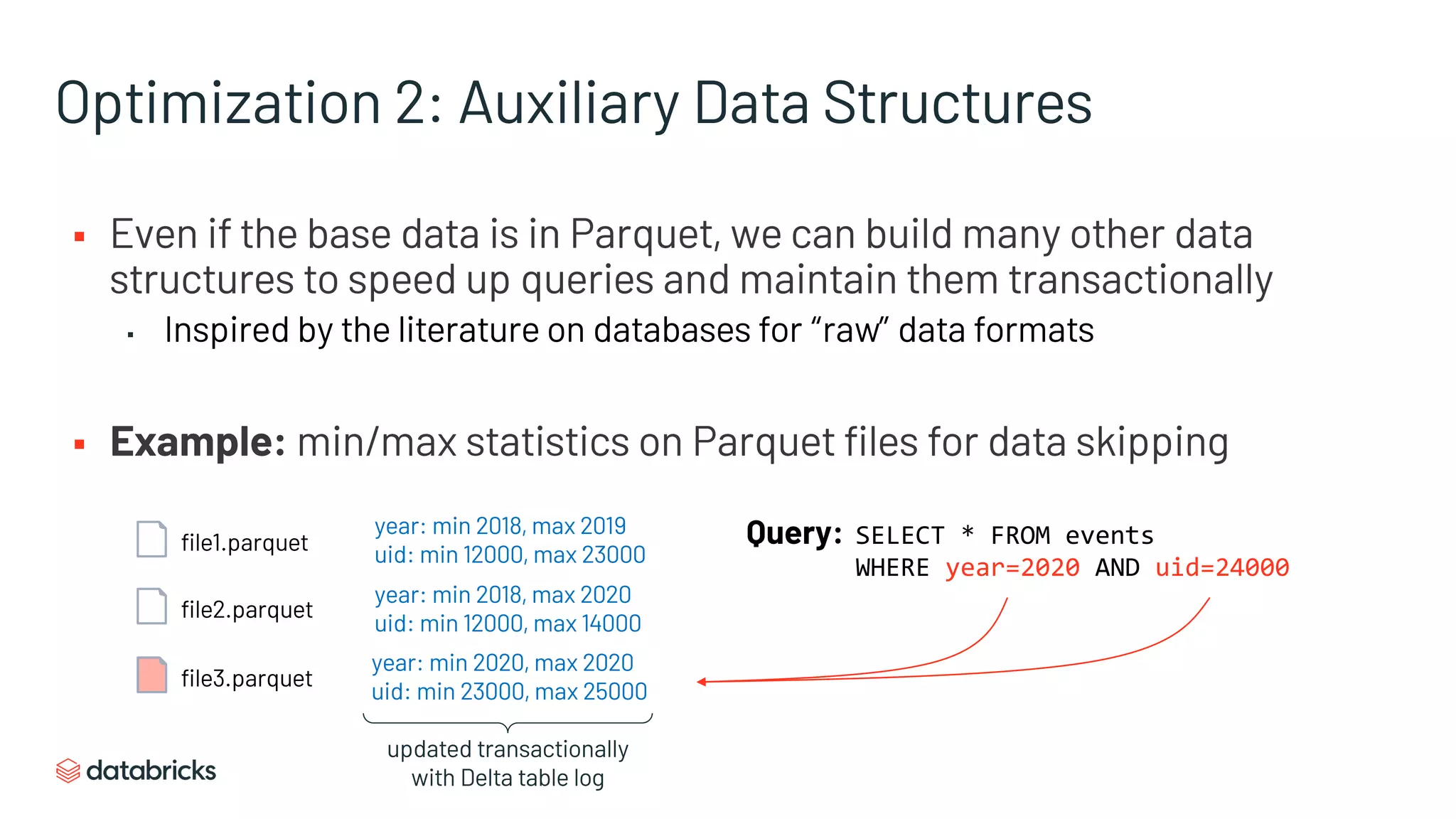 Optimization 2: Auxiliary Data Structures
§ Even if the base data is in Parquet, we can build many other data
structures to speed up queries and maintain them transactionally
▪ Inspired by the literature on databases for “raw” data formats
§ Example: min/max statistics on Parquet files for data skipping
file1.parquet
file2.parquet
file3.parquet
year: min 2018, max 2019
uid: min 12000, max 23000
year: min 2018, max 2020
uid: min 12000, max 14000
year: min 2020, max 2020
uid: min 23000, max 25000
Query: SELECT * FROM events
WHERE year=2020 AND uid=24000
updated transactionally
with Delta table log
 