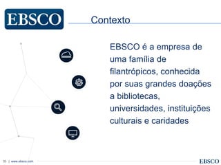 | www.ebsco.com33
Contexto
EBSCO é a empresa de
uma família de
filantrópicos, conhecida
por suas grandes doações
a bibliotecas,
universidades, instituições
culturais e caridades
 