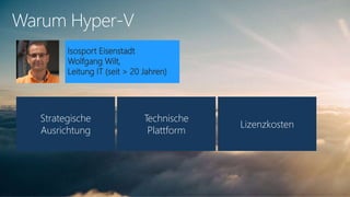 Warum Hyper-V
Isosport Eisenstadt
Wolfgang Wilt,
Leitung IT (seit > 20 Jahren)
Strategische
Ausrichtung
Technische
Plattform
Lizenzkosten
 