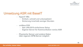 Gut schlafen, besser leben. www.wenatex.com
- HyperV VMs
- Einfach, schnell und unkompliziert
- Sicherung innerhalb weniger Stunden
- vmWare ESX
- Seit JAN-2016 einfacheres Setup
- Eigener Server für Kommunikation von/zu ASR
- Physische Server und andere Daten
über eigenen DPM-Server möglich
Umsetzung ASR mit BaseIT
41
 