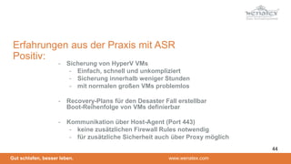 Gut schlafen, besser leben. www.wenatex.com
- Sicherung von HyperV VMs
- Einfach, schnell und unkompliziert
- Sicherung innerhalb weniger Stunden
- mit normalen großen VMs problemlos
- Recovery-Plans für den Desaster Fall erstellbar
Boot-Reihenfolge von VMs definierbar
- Kommunikation über Host-Agent (Port 443)
- keine zusätzlichen Firewall Rules notwendig
- für zusätzliche Sicherheit auch über Proxy möglich
Erfahrungen aus der Praxis mit ASR
Positiv:
44
 