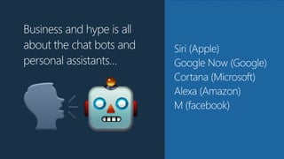 Business and hype is all
about the chat bots and
personal assistants…
🗣🤖
Siri (Apple)
Google Now (Google)
Cortana (Microso...