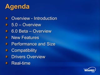 Agenda
Overview - Introduction
5.0 – Overview
6.0 Beta – Overview
New Features
Performance and Size
Compatibility
Drivers Overview
Real-time
 