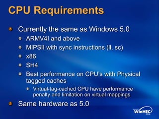 CPU Requirements
Currently the same as Windows 5.0
ARMV4I and above
MIPSII with sync instructions (ll, sc)
x86
SH4
Best performance on CPU’s with Physical
tagged caches
Virtual-tag-cached CPU have performance
penalty and limitation on virtual mappings
Same hardware as 5.0
 