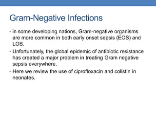 Gram-Negative Infections
• in some developing nations, Gram-negative organisms
are more common in both early onset sepsis (EOS) and
LOS.
• Unfortunately, the global epidemic of antibiotic resistance
has created a major problem in treating Gram negative
sepsis everywhere.
• Here we review the use of ciprofloxacin and colistin in
neonates.
 